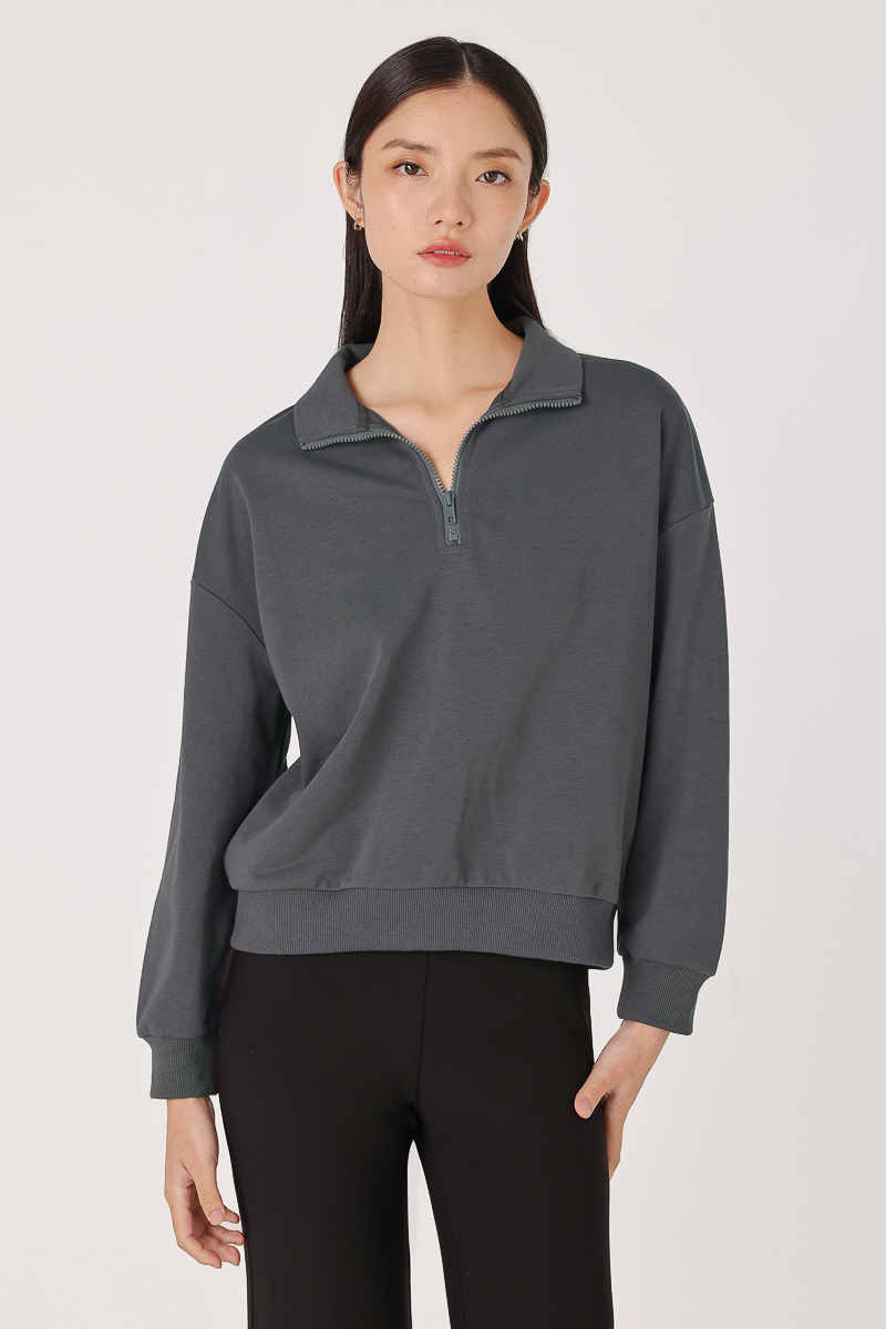 haluc❤ GILLIAN COLLARED ZIPPED PULLOVER TOP (DARK GREY) | Lovet