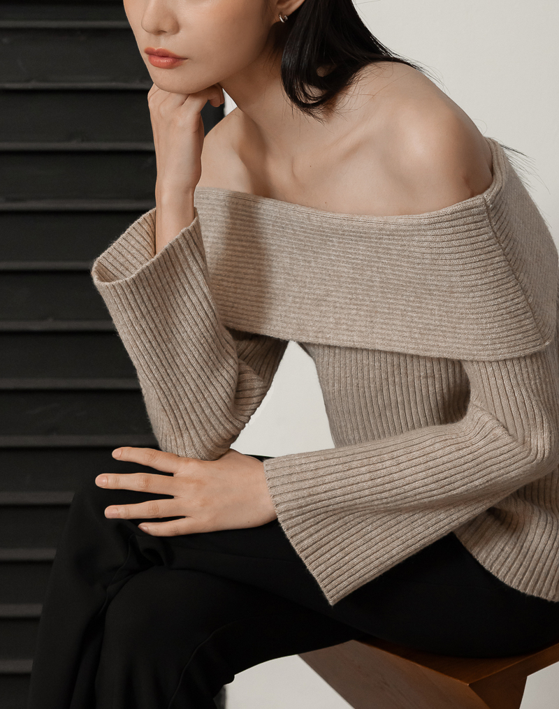 ZANA OFF-SHOULDER OVERLAY KNIT PULLOVER (BROWN) | Lovet