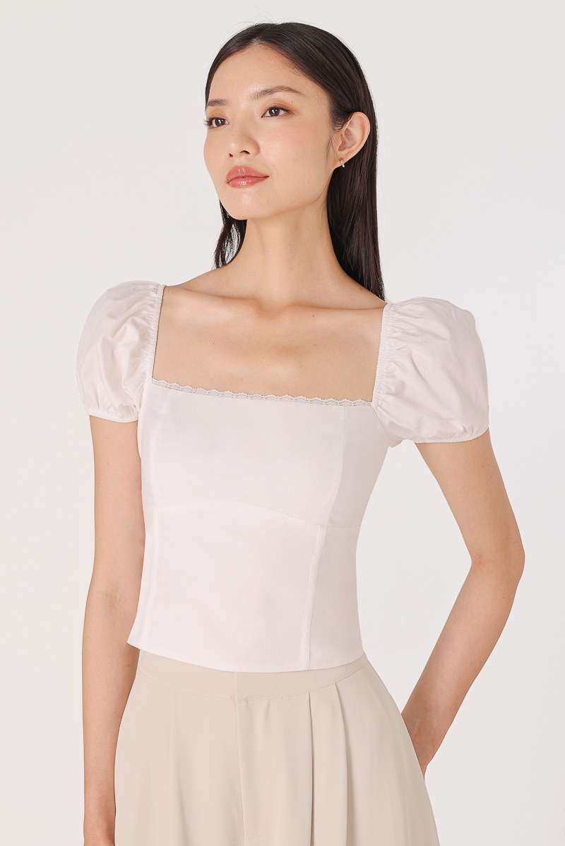 CARMELA PADDED LACE TRIM PUFF SLEEVE TOP (WHITE) | Lovet