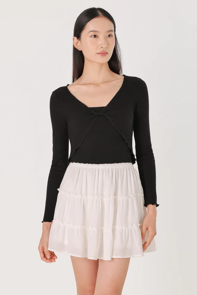 PATRICIA FRONT TWIST LETTUCE HEM CARDIGAN SET (BLACK)