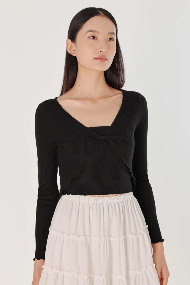 PATRICIA FRONT TWIST LETTUCE HEM CARDIGAN SET (BLACK)