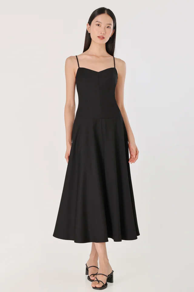 DIYORA PADDED V-NECK PANEL CAMI MIDAXI DRESS (BLACK)