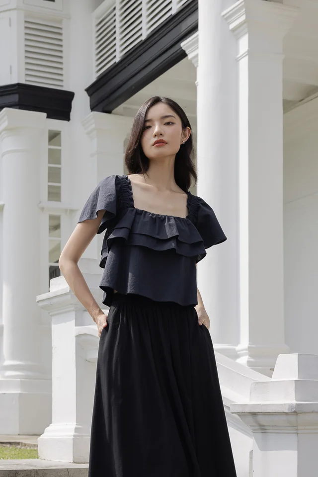 WENDY PADDED FLUTTER SLEEVE TIE-BACK RUFFLE TOP (NAVY)