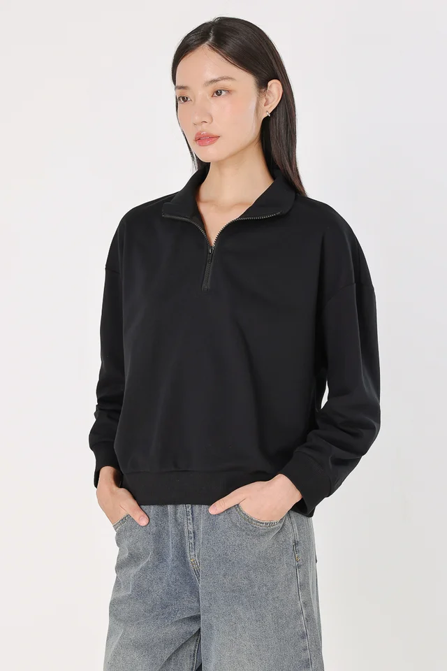 GILLIAN COLLARED ZIPPED PULLOVER TOP (BLACK)