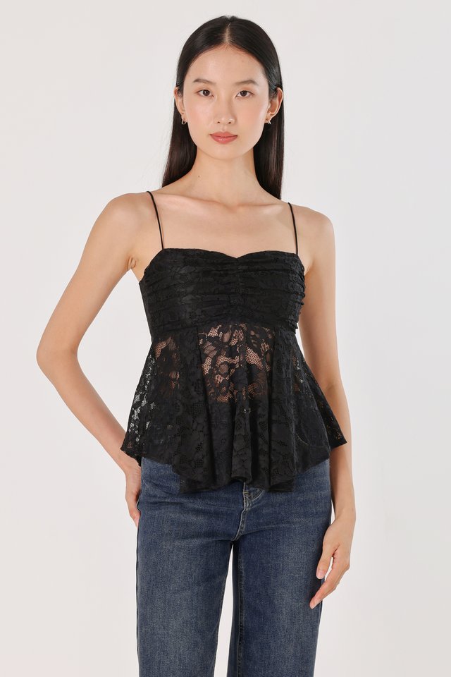PEARLYN PADDED LACE BABYDOLL CAMI TOP (BLACK)