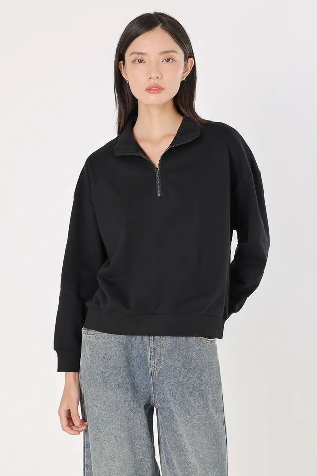 GILLIAN COLLARED ZIPPED PULLOVER TOP (BLACK)
