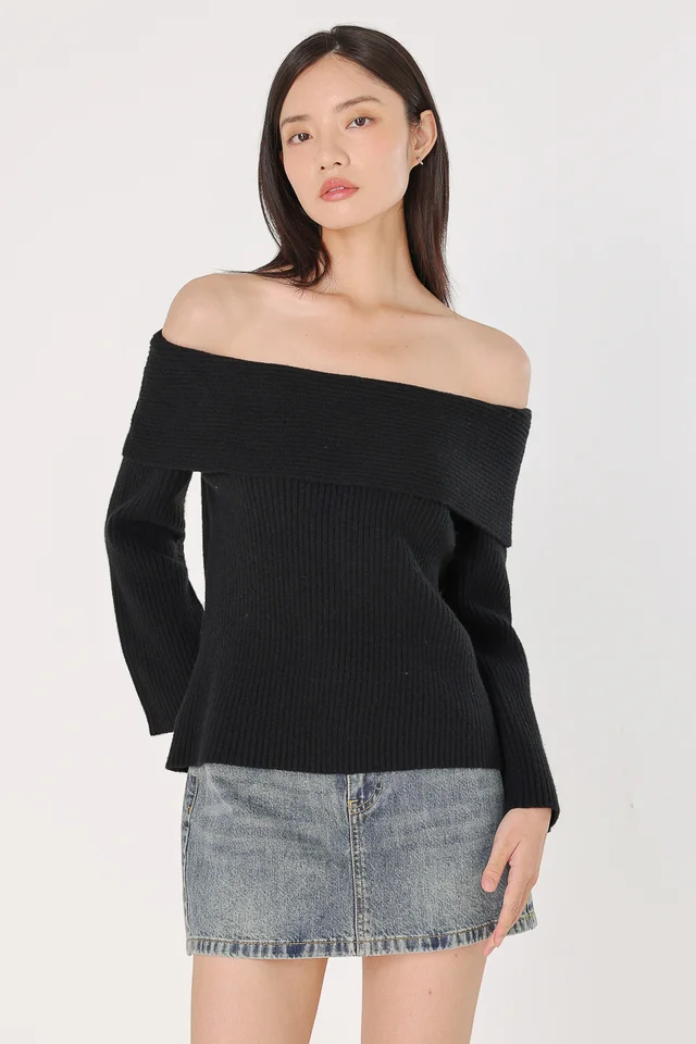 ZANA OFF-SHOULDER OVERLAY KNIT PULLOVER (BLACK)