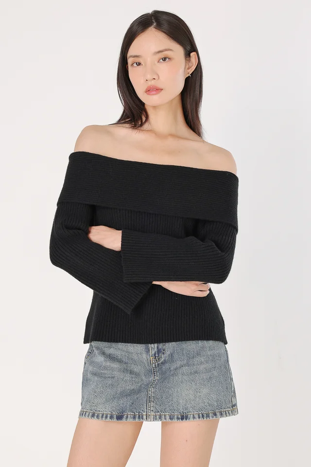 ZANA OFF-SHOULDER OVERLAY KNIT PULLOVER (BLACK)