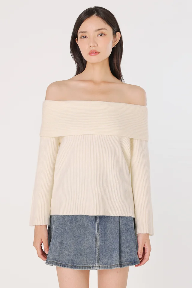 ZANA OFF-SHOULDER OVERLAY KNIT PULLOVER (OFF-WHITE)