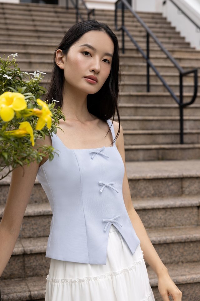 VINA PADDED LINEN SQUARE NECK RIBBON TOP (BLUE)