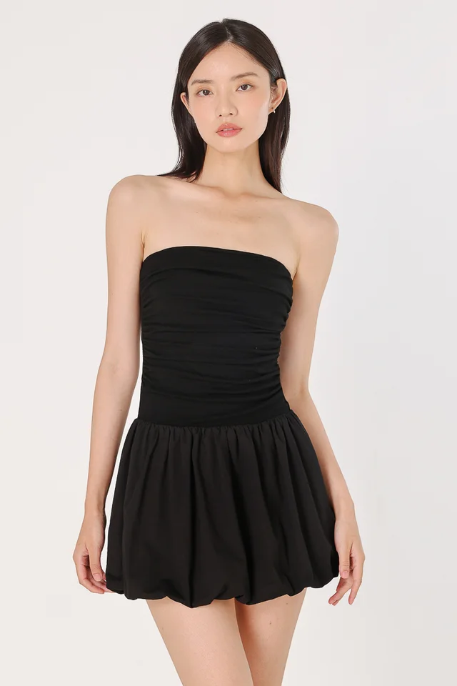 CLAUDIA PADDED RIBBED TUBE BUBBLE SKORTS DRESS (BLACK)
