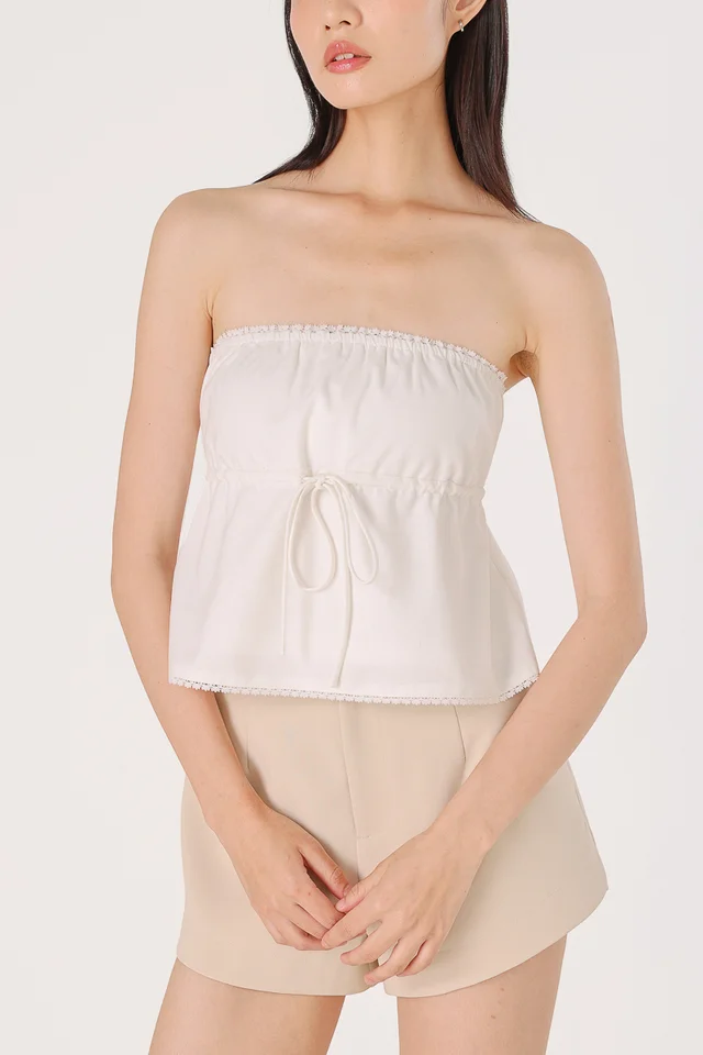 JACLYN PADDED LINEN LACE-TRIM DRAWSTRING TWO-WAY TOP (WHITE)