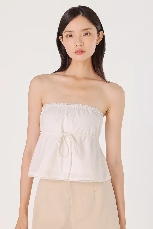 JACLYN PADDED LINEN LACE-TRIM DRAWSTRING TWO-WAY TOP (WHITE)