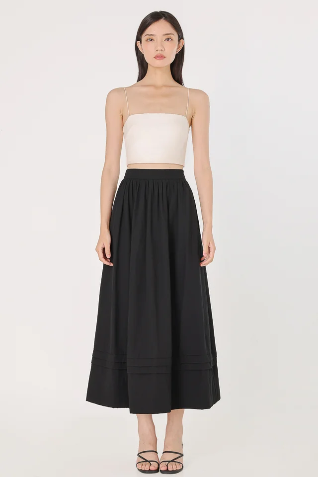 KINNY THICK WAISTBAND PLEATED HEM MAXI SKIRT (BLACK) - PETITE