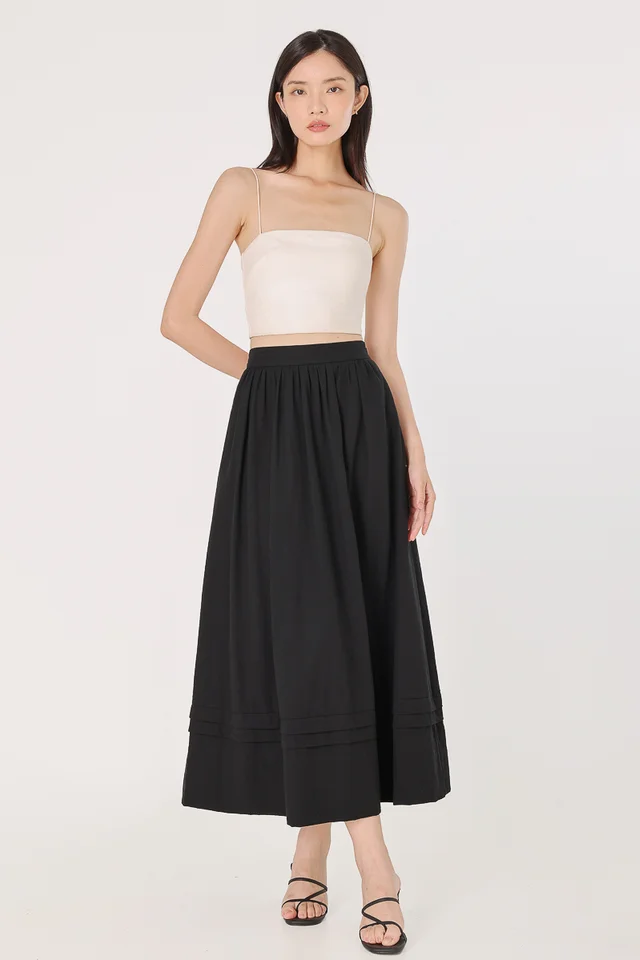 KINNY THICK WAISTBAND PLEATED HEM MAXI SKIRT (BLACK) - PETITE