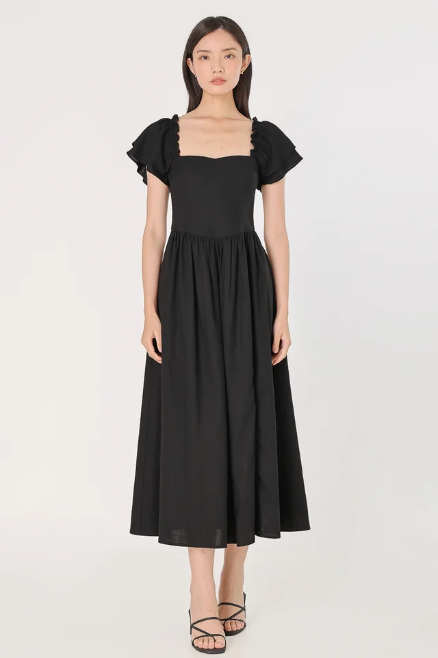 ALTHEA PADDED LINEN FLUTTER SLEEVE SLIT MAXI DRESS (BLACK)