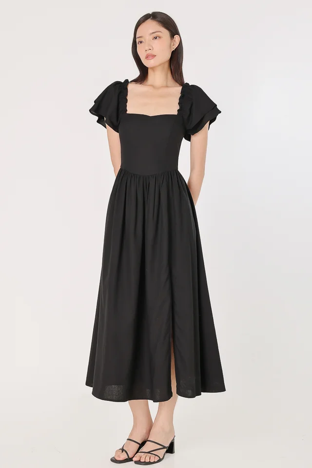ALTHEA PADDED LINEN FLUTTER SLEEVE SLIT MAXI DRESS (BLACK)