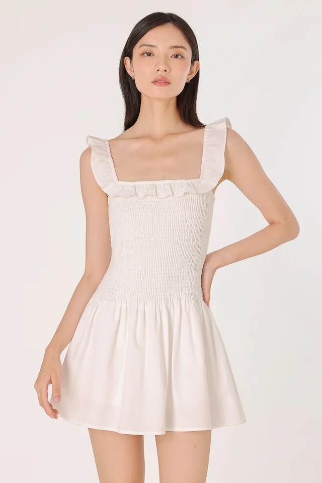 CHELSEY SQUARE NECK LINEN SMOCKED RUFFLE SKORTS DRESS (WHITE)