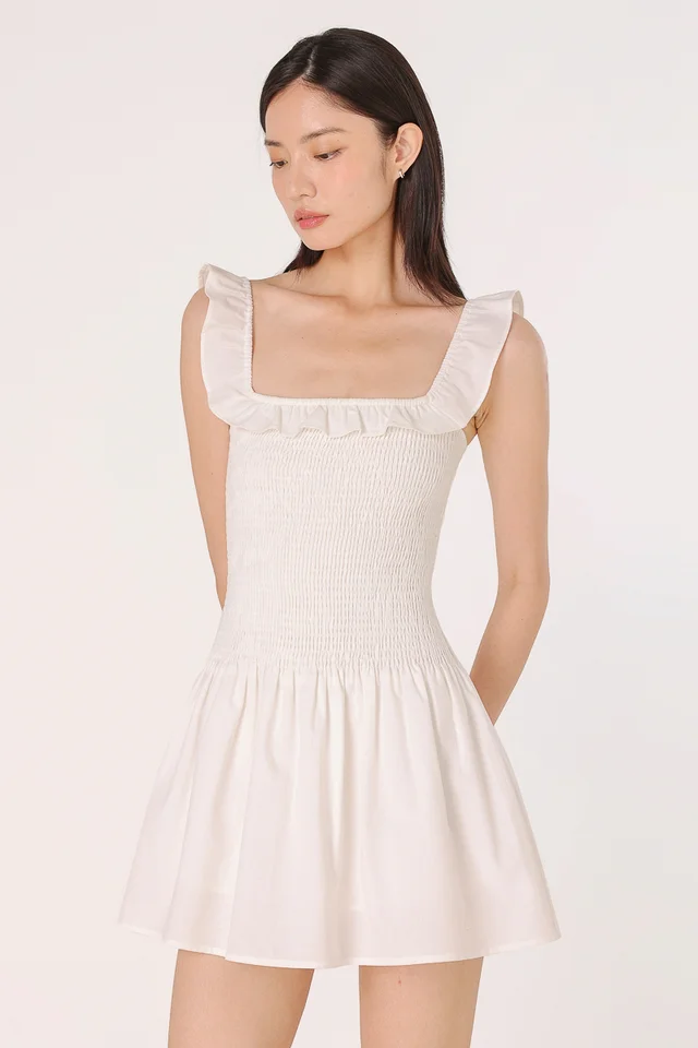 CHELSEY SQUARE NECK LINEN SMOCKED RUFFLE SKORTS DRESS (WHITE)