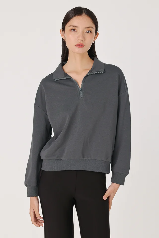 GILLIAN COLLARED ZIPPED PULLOVER TOP (DARK GREY)
