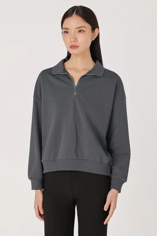 GILLIAN COLLARED ZIPPED PULLOVER TOP (DARK GREY)
