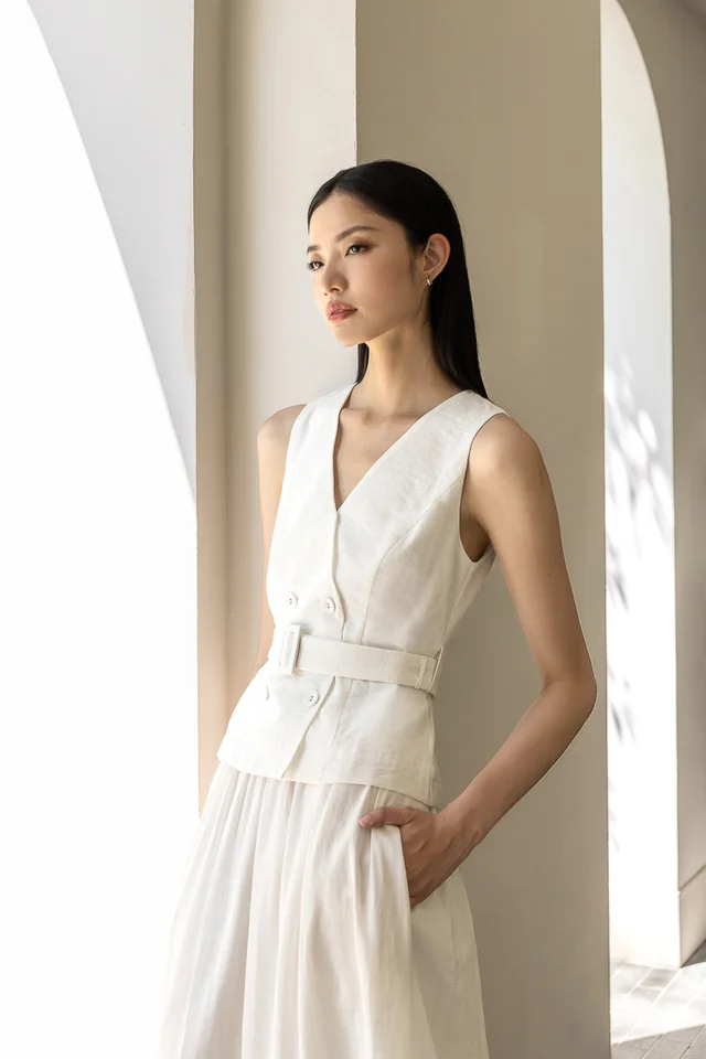 STACEY DOUBLE BREASTED TEXTURED BELTED VEST TOP (WHITE)