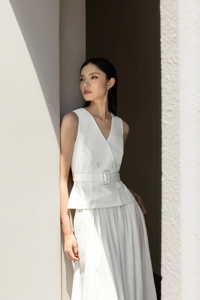STACEY DOUBLE BREASTED TEXTURED BELTED VEST TOP (WHITE)