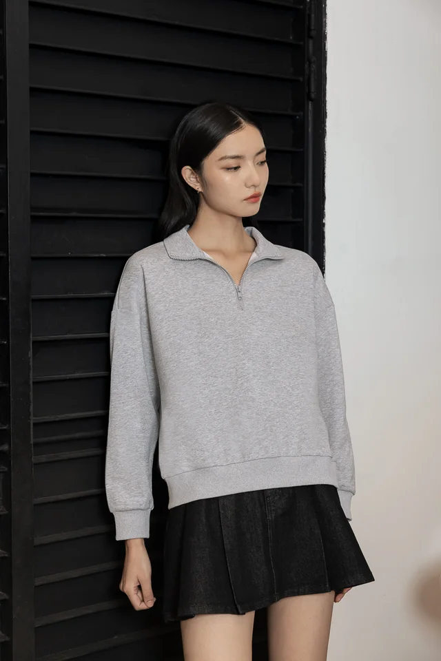 GILLIAN COLLARED ZIPPED PULLOVER TOP (HEATHER GREY)