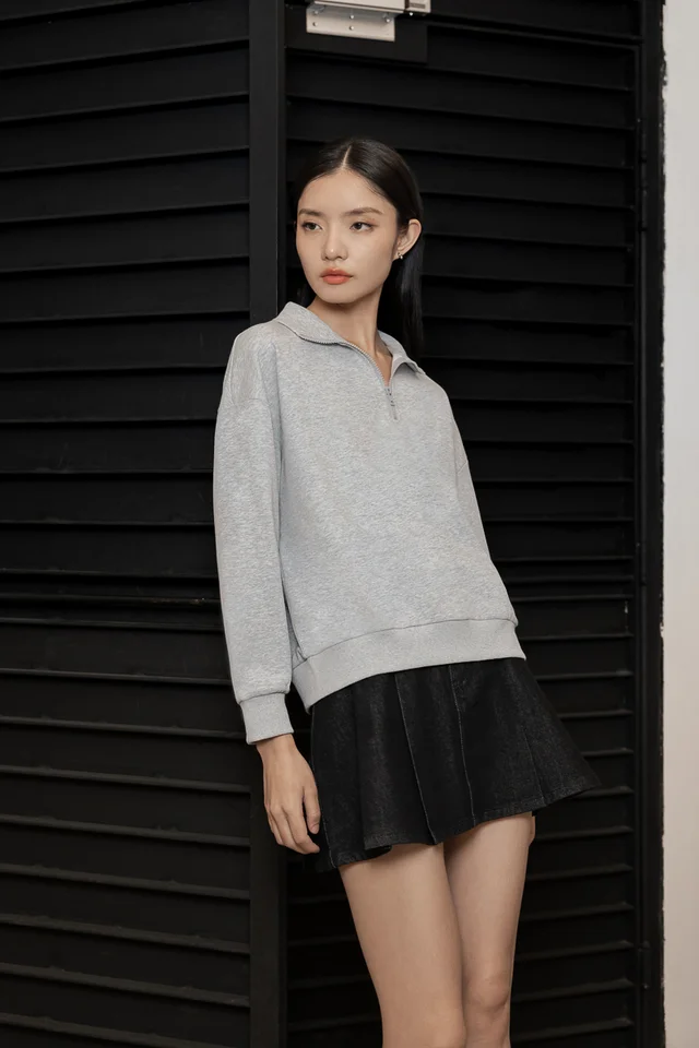 GILLIAN COLLARED ZIPPED PULLOVER TOP (HEATHER GREY)