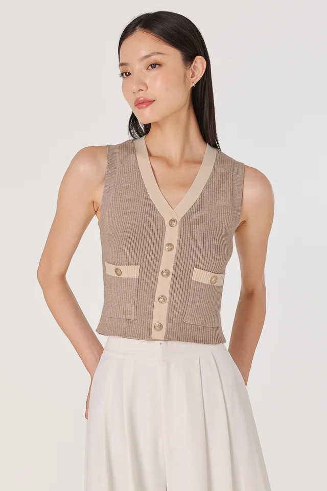 ERNIE CONTRAST TRIM BUTTON POCKET KNIT TOP (TAUPE)