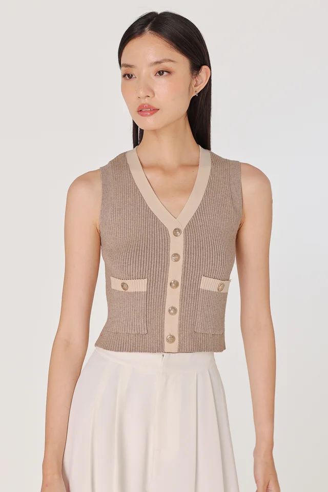 ERNIE CONTRAST TRIM BUTTON POCKET KNIT TOP (TAUPE)