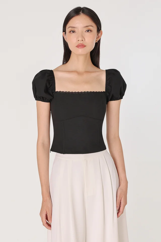 CARMELA PADDED LACE TRIM PUFF SLEEVE TOP (BLACK)