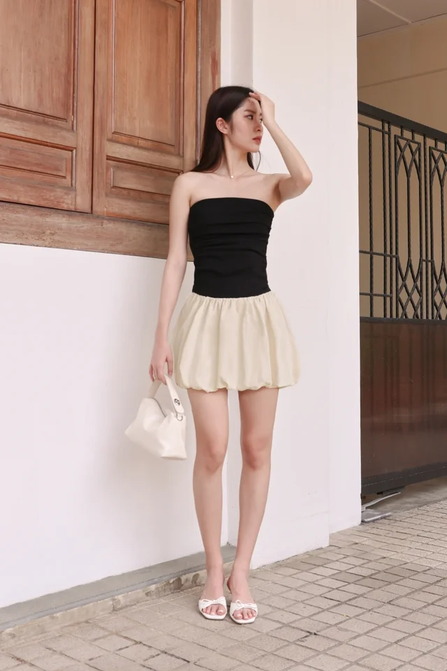 CLAUDIA PADDED RIBBED TUBE BUBBLE SKORTS DRESS (BLACK/CREAM)