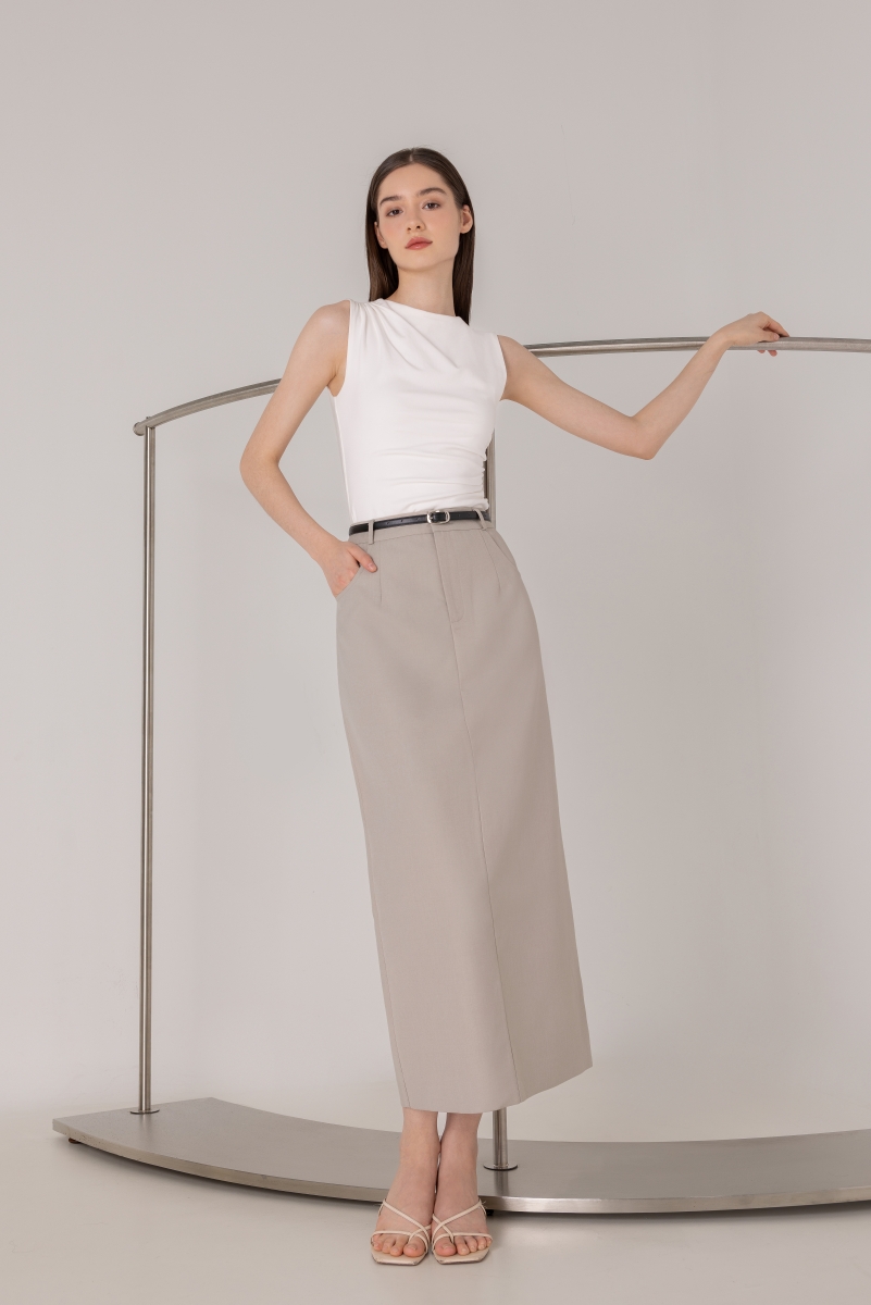 LEONA BELTED COLUMN BACK SLIT MAXI SKIRT (TAUPE) | Lovet