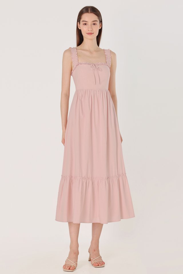 SAMANTHA PADDED SHIRRED STRAP RIBBON MAXI DRESS (PINK)