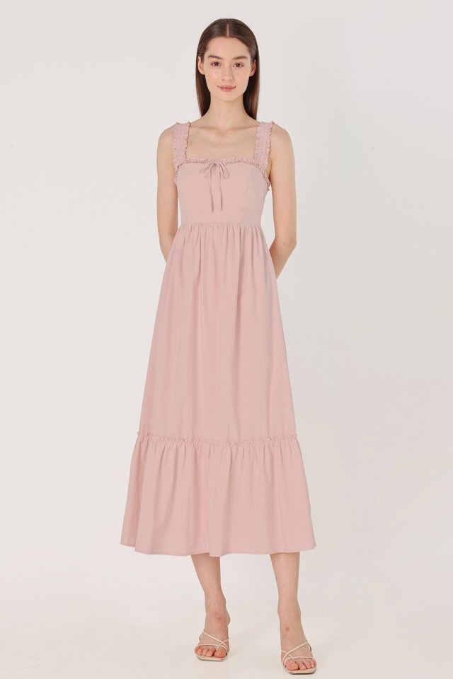 SAMANTHA PADDED SHIRRED STRAP RIBBON MAXI DRESS (PINK)