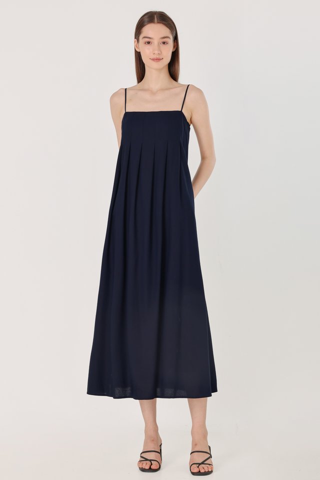 EUNICE PADDED LINEN PANELLED MIDAXI DRESS (NAVY)