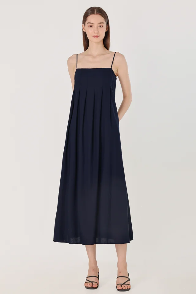 EUNICE PADDED LINEN PANELLED MIDAXI DRESS (NAVY)