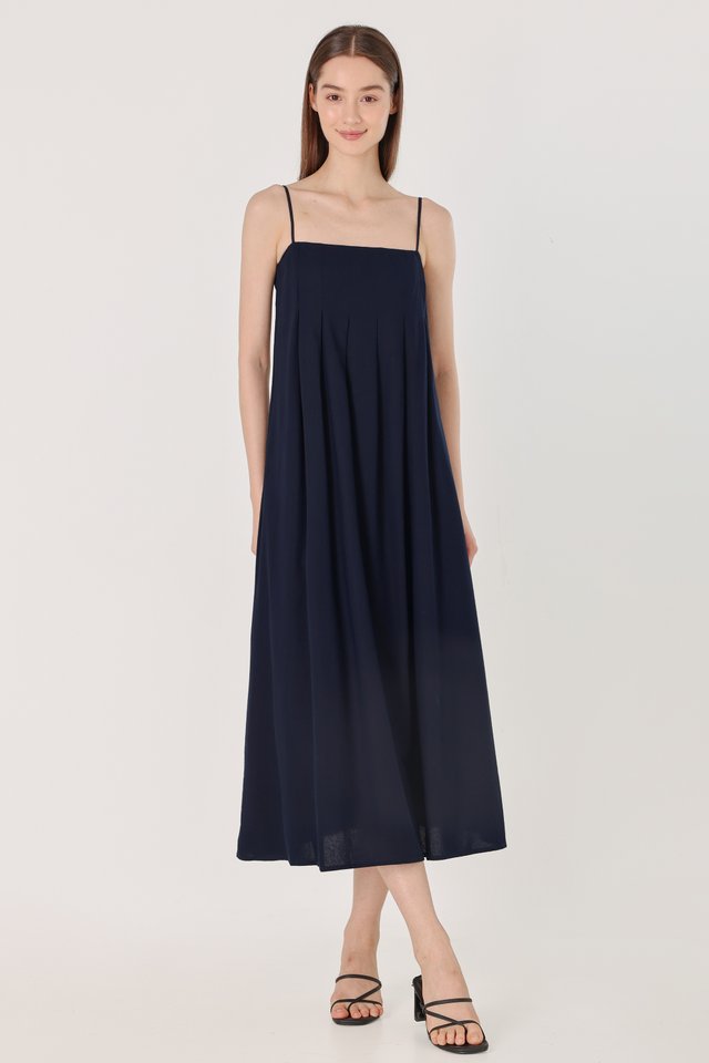 EUNICE PADDED LINEN PANELLED MIDAXI DRESS (NAVY)