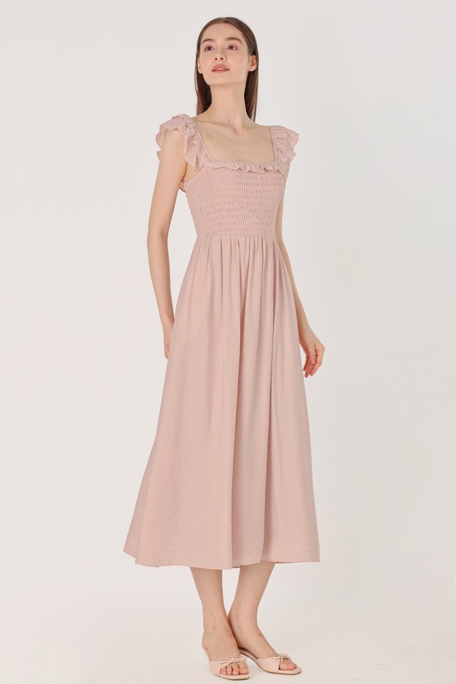 ALICE PADDED SQUARE NECK SMOCKED RUFFLE MAXI DRESS (PINK)