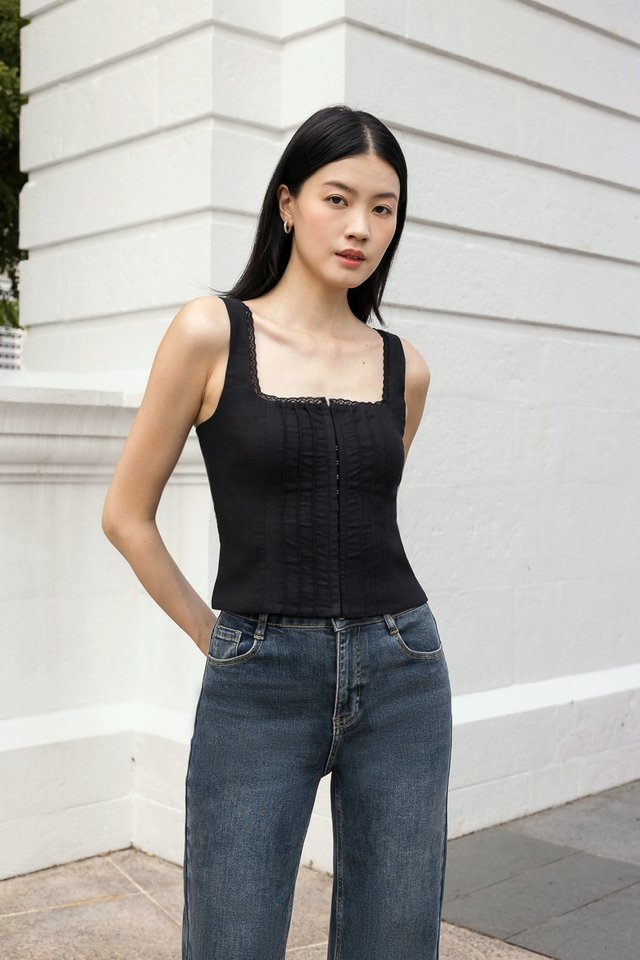 MARIBEL PADDED LINEN PINTUCK LACE TRIM CORSET TOP (BLACK)