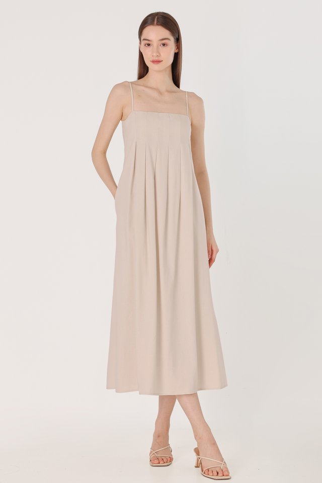 EUNICE PADDED LINEN PANELLED MIDAXI DRESS (OAT)