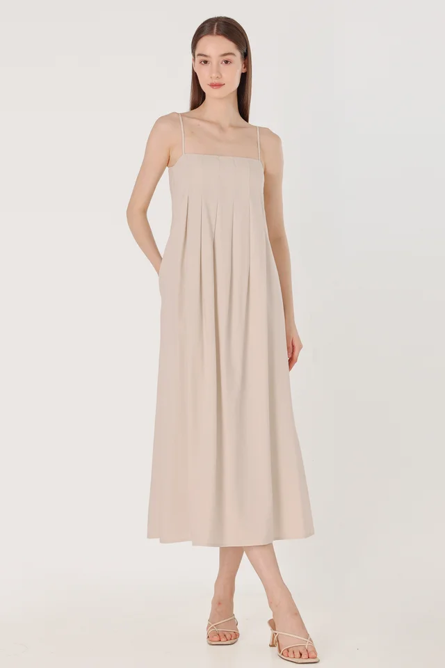 EUNICE PADDED LINEN PANELLED MIDAXI DRESS (OAT)