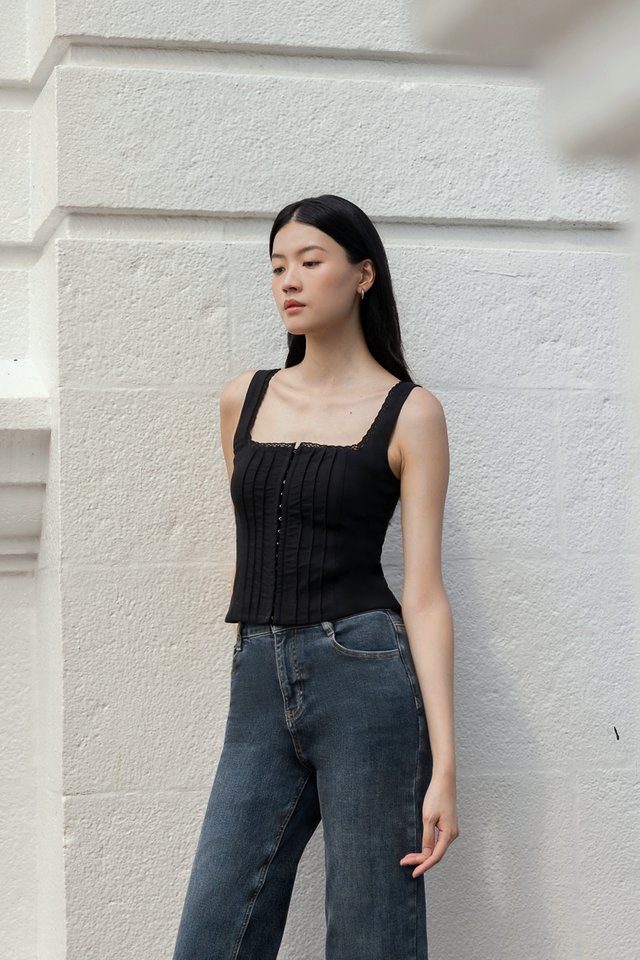 MARIBEL PADDED LINEN PINTUCK LACE TRIM CORSET TOP (BLACK)