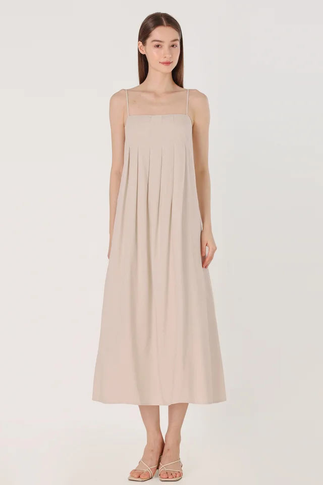EUNICE PADDED LINEN PANELLED MIDAXI DRESS (OAT)