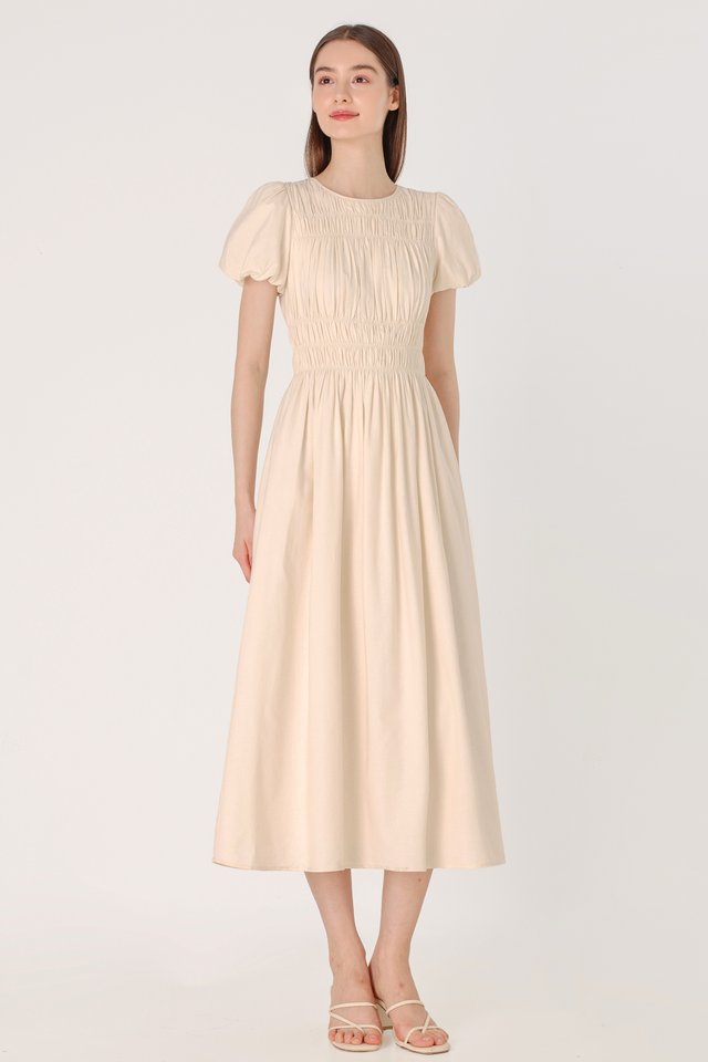 ERLENA LINEN RUCHED PUFF SLEEVE MIDAXI DRESS (NATURAL)