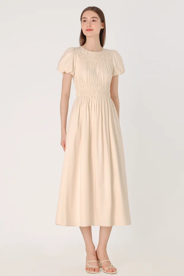 ERLENA LINEN RUCHED PUFF SLEEVE MIDAXI DRESS (NATURAL)