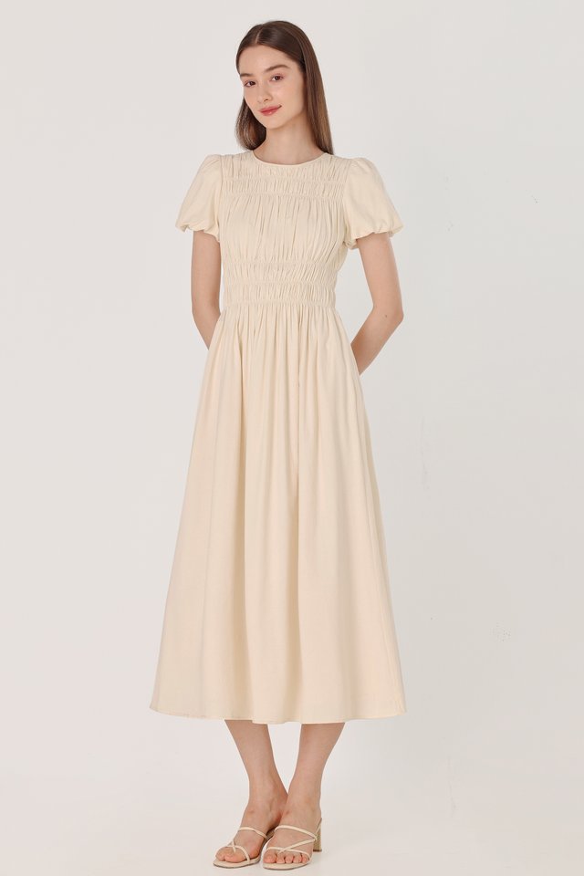 ERLENA LINEN RUCHED PUFF SLEEVE MIDAXI DRESS (NATURAL)