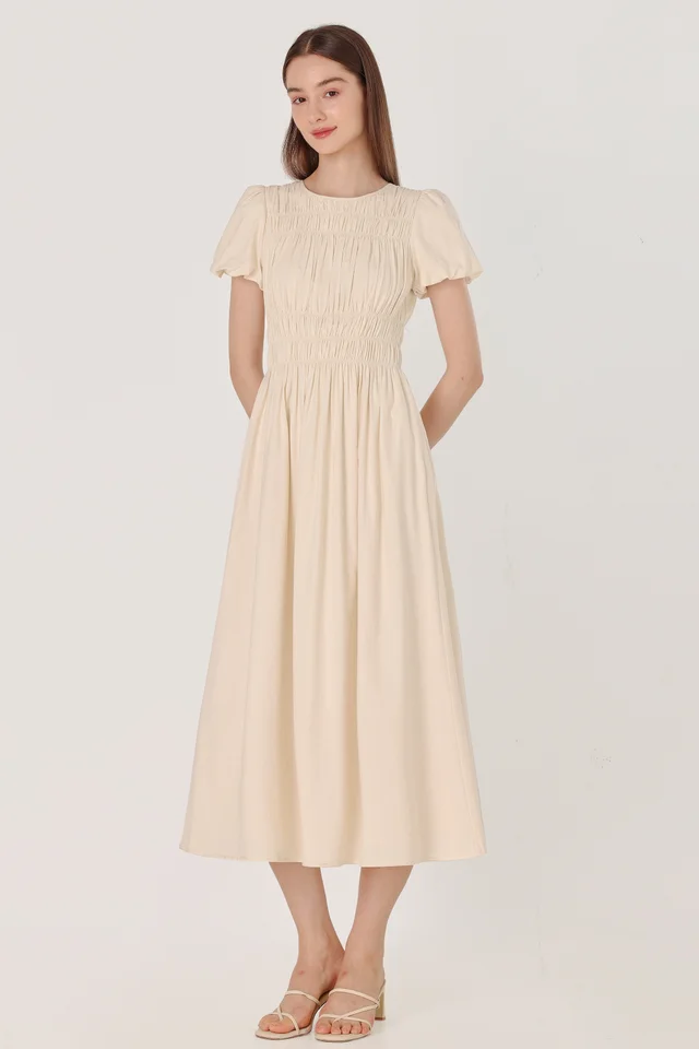 ERLENA LINEN RUCHED PUFF SLEEVE MIDAXI DRESS (NATURAL)