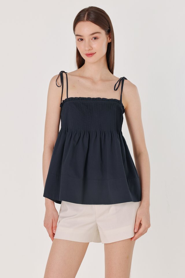 VANNY PINTUCK TIE-STRING THICK HEM TOP (NAVY)